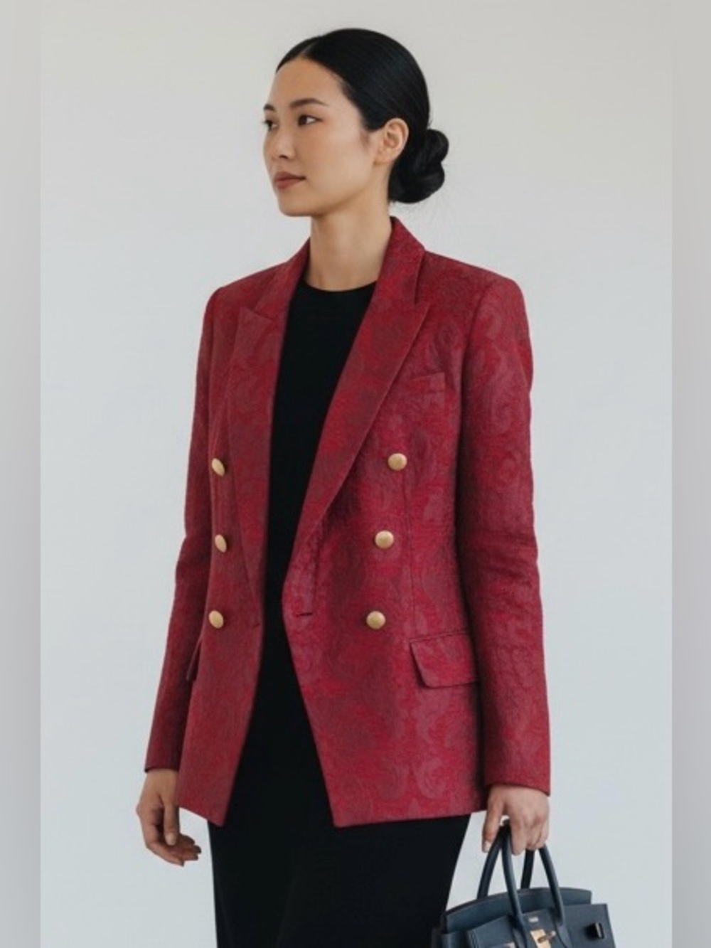 L'Agence Kenzie Jacquard Damask Double-Breasted Gold Button Blazer 6